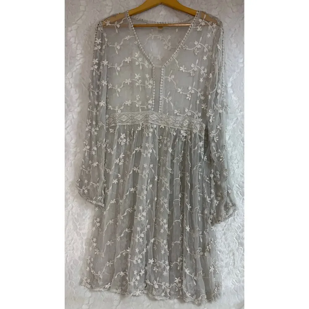 Sundance Platinum Gray Sheer Embroidered Floral Lace Peasant Dress Cottage 12 - Picture 2 of 15